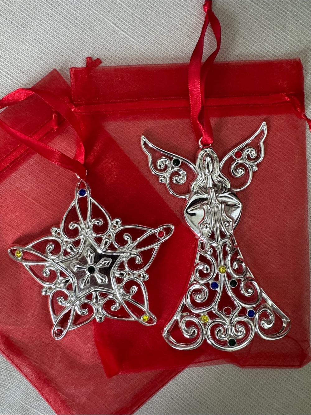 Lenox Silver-tone Filigree Angel & Star Christmas Ornaments Set of 2
